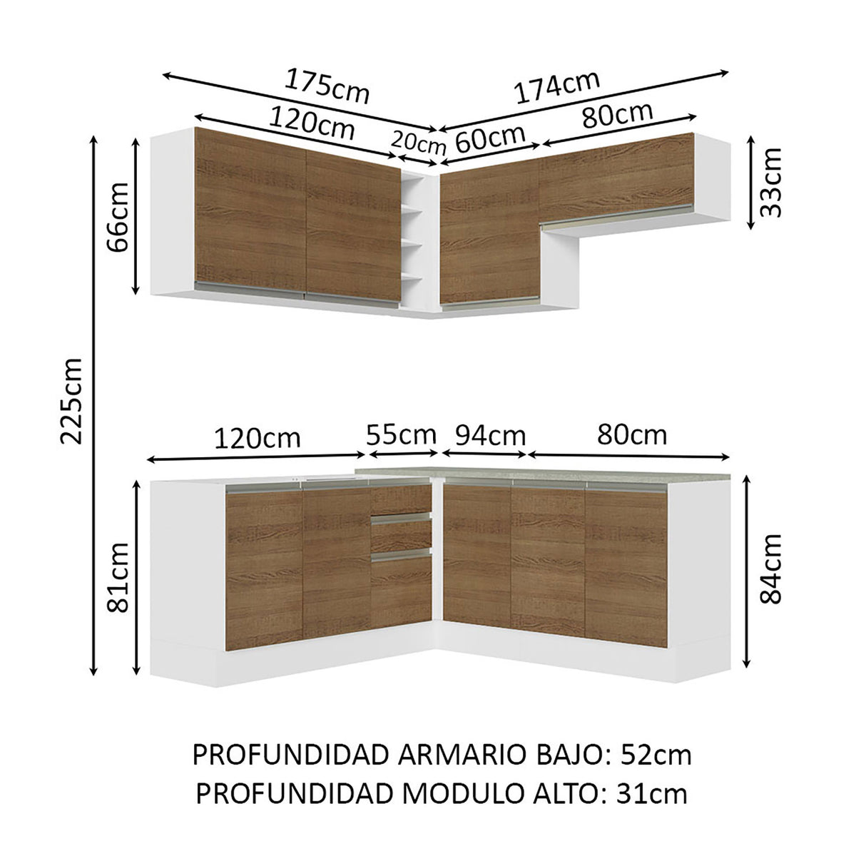 Cocina Integral Glamy Blanco y Marron 349x225cm sin Mesón - Cocinas | Bylmo