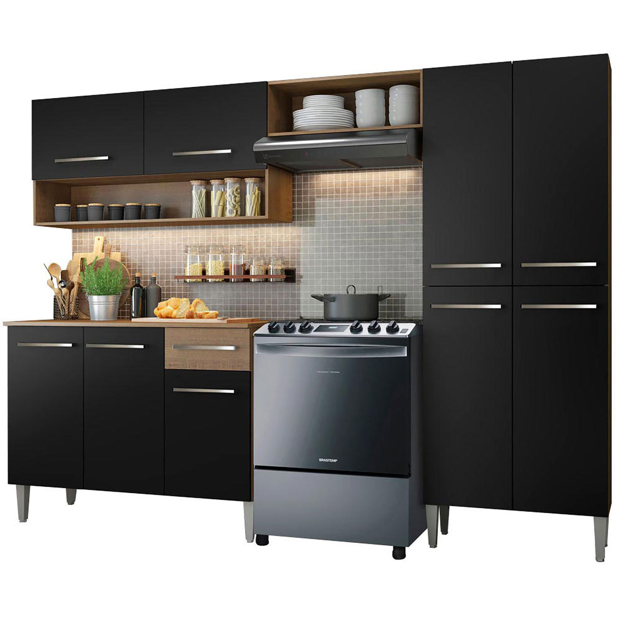 Cocina Integral Emilly Pop Marron y Negro 229x186cm con Mesón de Madera - Cocinas | Bylmo