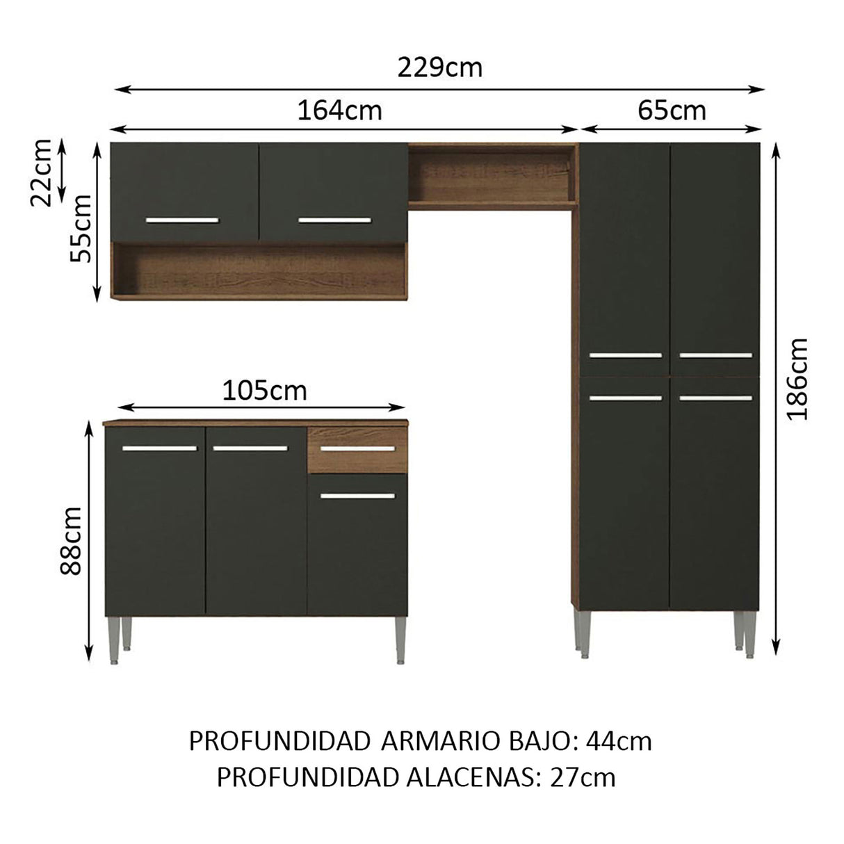 Cocina Integral Emilly Pop Marron y Negro 229x186cm con Mesón de Madera - Cocinas | Bylmo