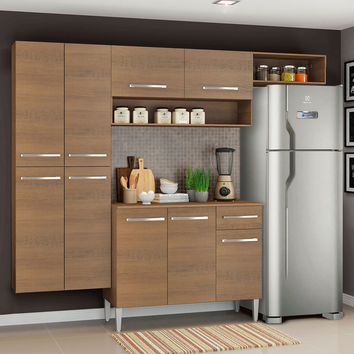 Cocina Integral Emilly Fit Marron 229x201cm con Mesón de Madera - Cocinas | Bylmo