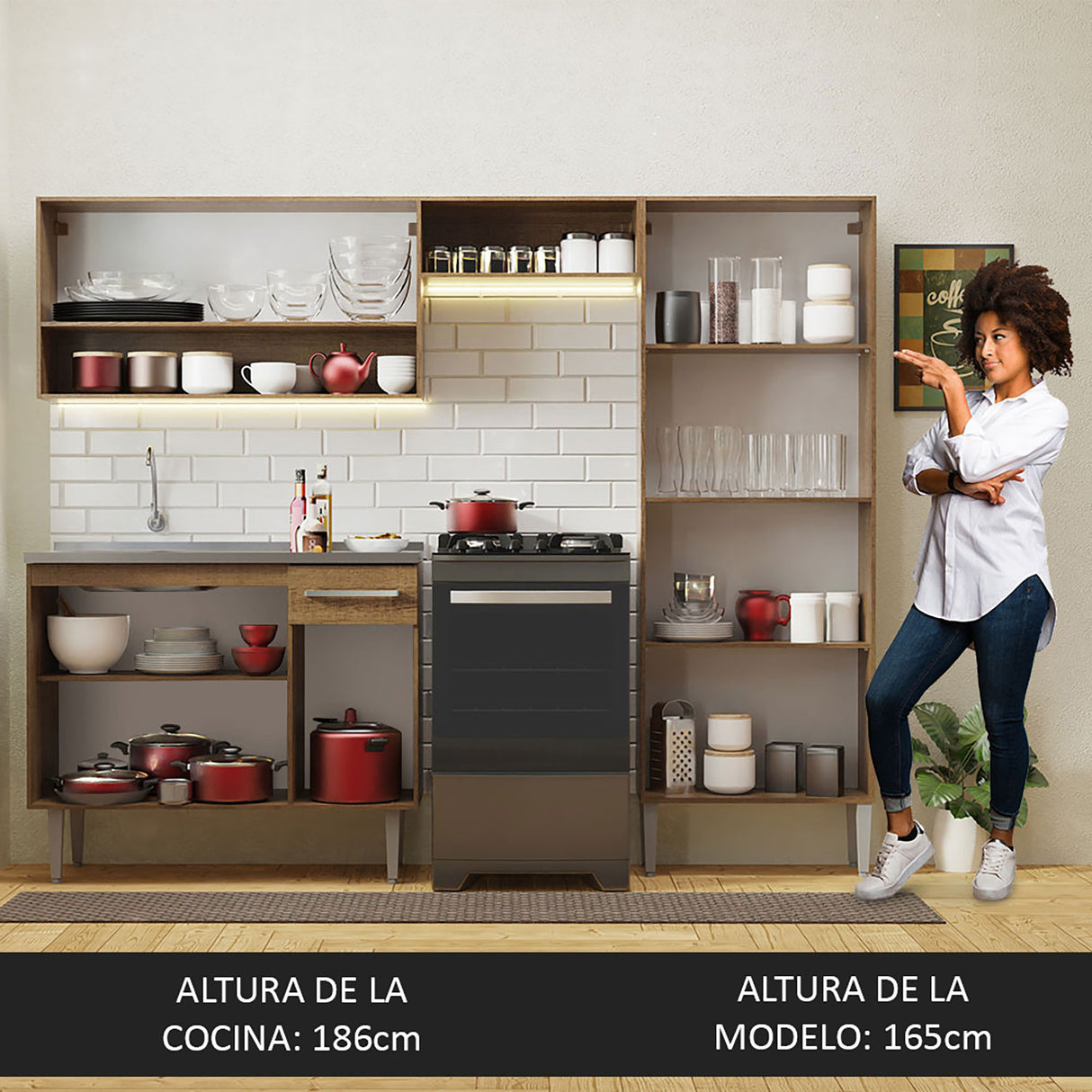 Cocina Integral Emilly Marron 229x186cm con Mesón de Acero Inoxidable - Cocinas | Bylmo