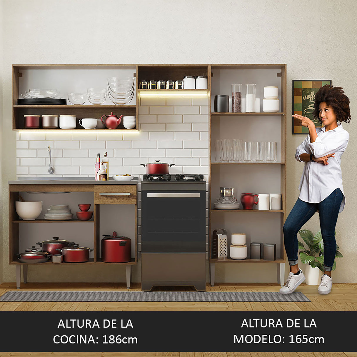 Cocina Integral Emilly Marron y Negro 229x186cm con Mesón de Acero Inoxidable - Cocinas | Bylmo