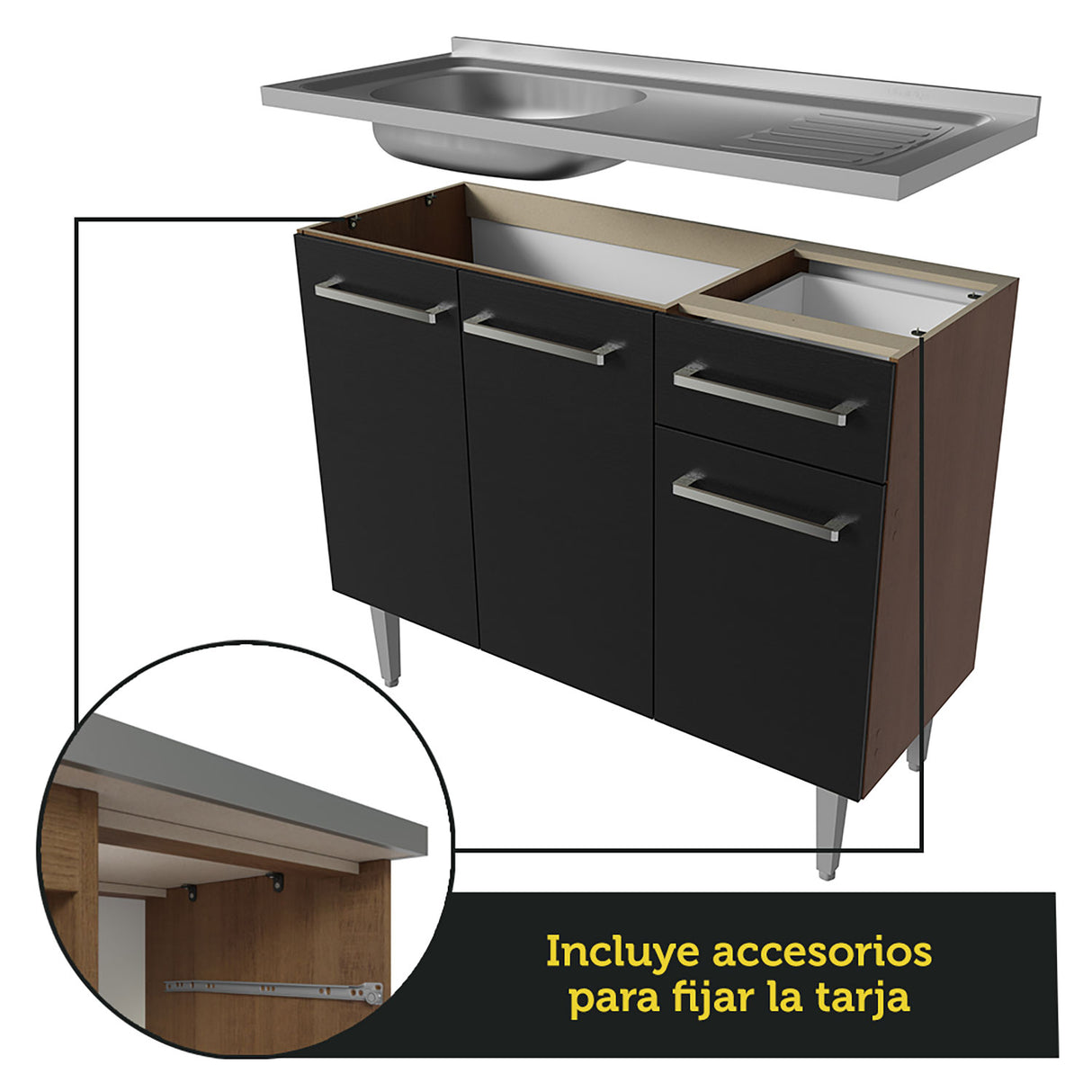 Cocina Integral Emilly Marron y Negro 229x186cm con Mesón de Acero Inoxidable - Cocinas | Bylmo