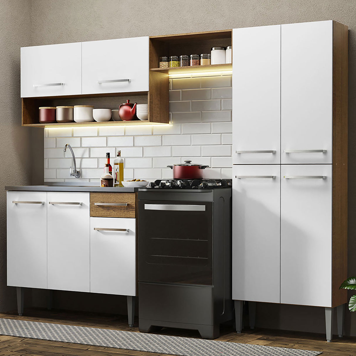 Cocina Integral Emilly Marron y Blanco 229x186cm con Mesón de Acero Inoxidable - Cocinas | Bylmo