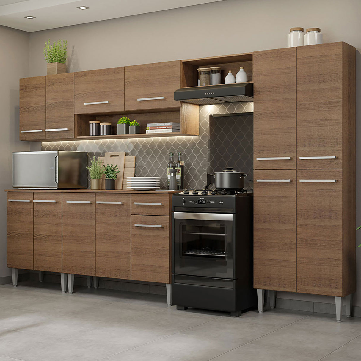 Cocina Integral Emilly Marron 293x186cm con Mesón de Madera - Cocinas | Bylmo