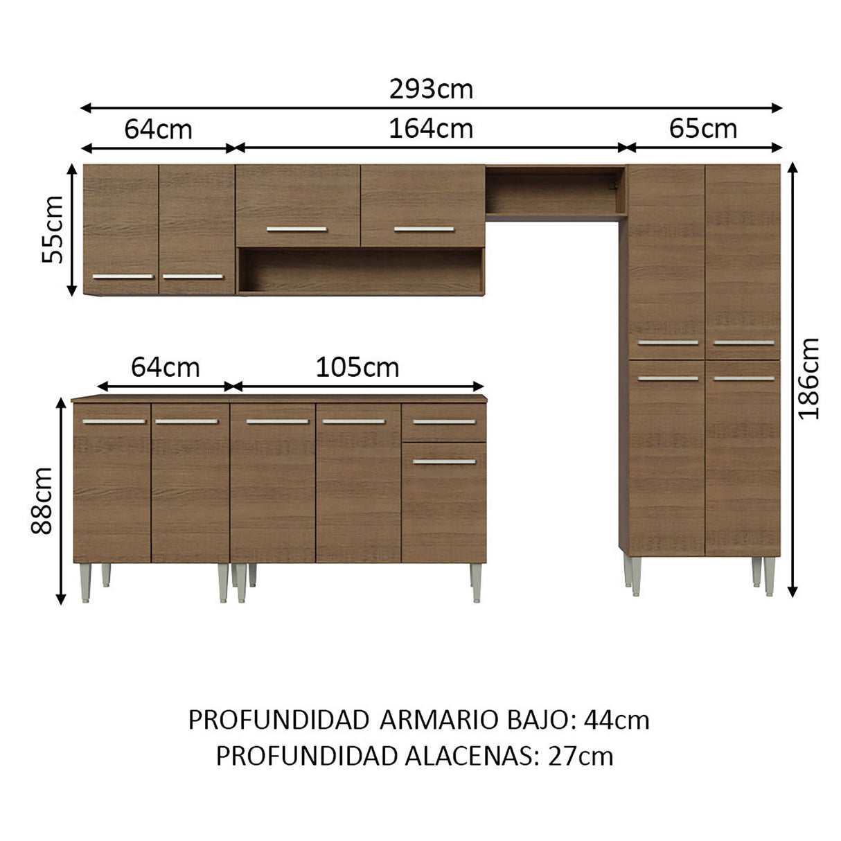 Cocina Integral Emilly Marron 293x186cm con Mesón de Madera - Cocinas | Bylmo