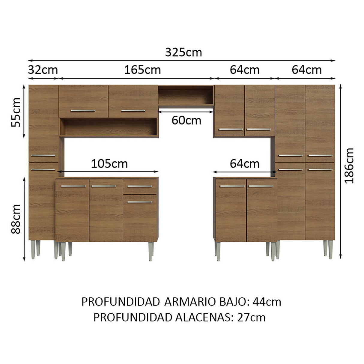 Cocina Integral Emilly Marron 325x186cm con Mesón de Madera - Cocinas | Bylmo