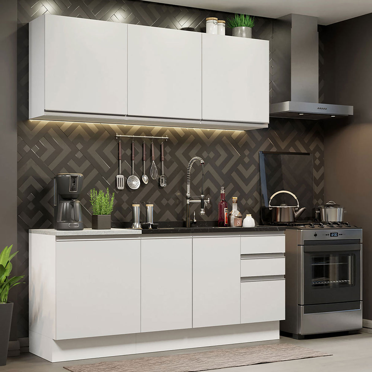 Cocina Integral Glamy Blanco 180x225cm con Mesón de Madera - Cocinas | Bylmo