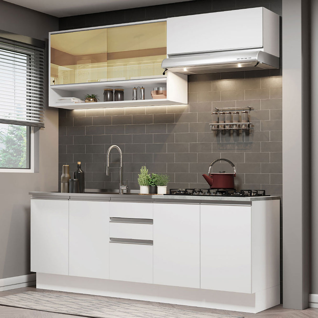 Cocina Integral Glamy Blanco 200x225cm con Mesón de Madera - Cocinas | Bylmo