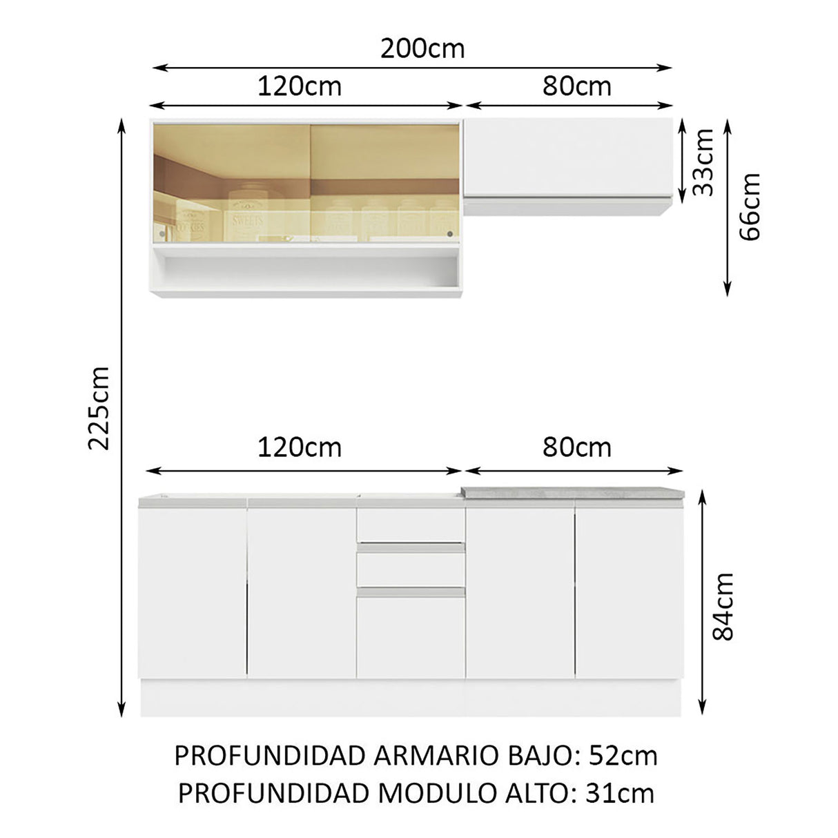 Cocina Integral Glamy Blanco 200x225cm con Mesón de Madera - Cocinas | Bylmo