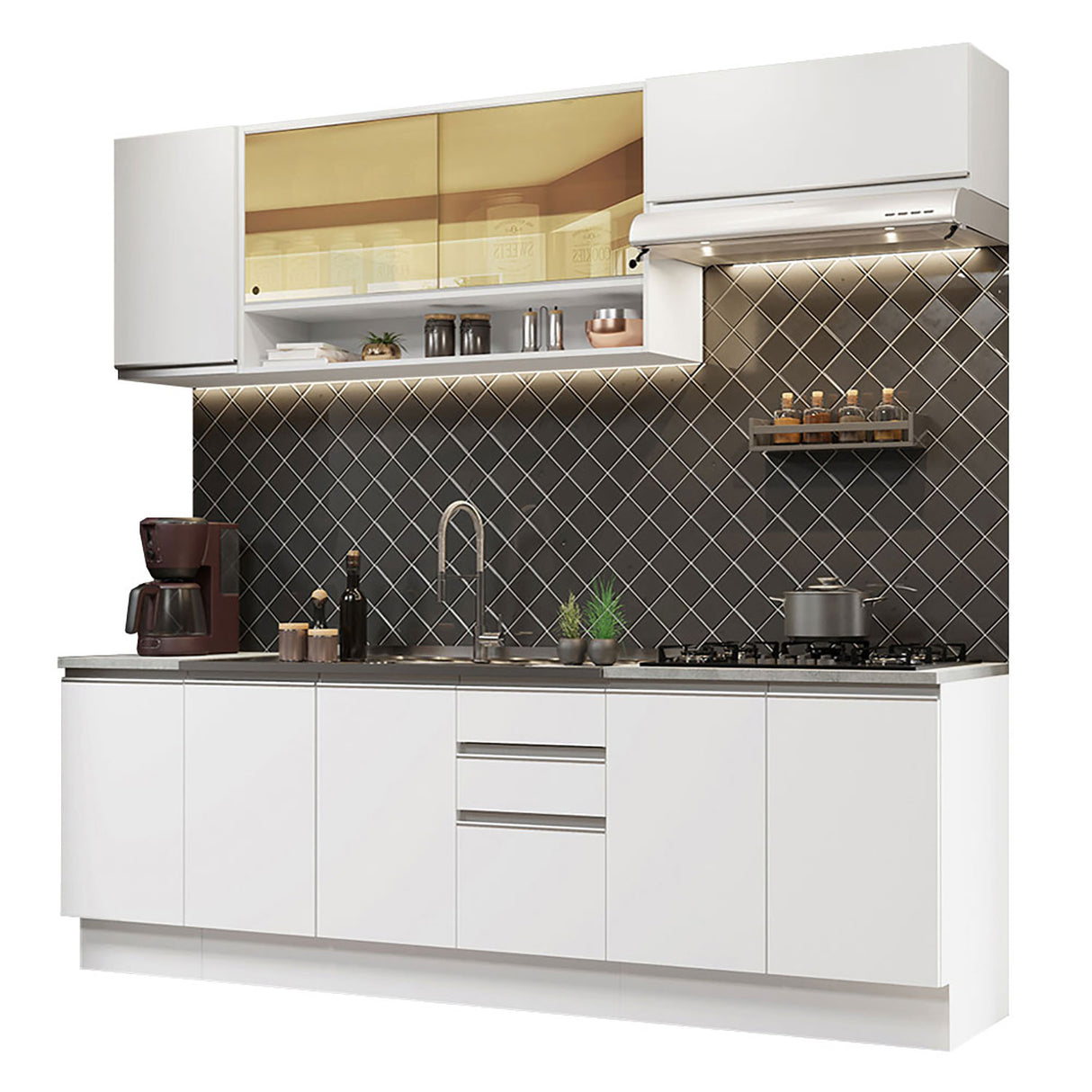 Cocina Integral Glamy Blanco 240x225cm con Mesón de Madera - Cocinas | Bylmo
