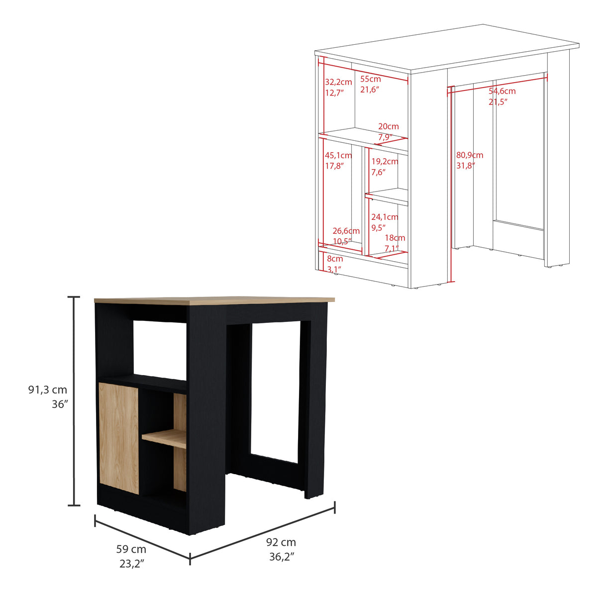 Isla de Cocina Stirling Wengue y Fresno Europeo 92x91.3cm con Mesón de Madera - Barras y Muebles Auxiliares | Bylmo