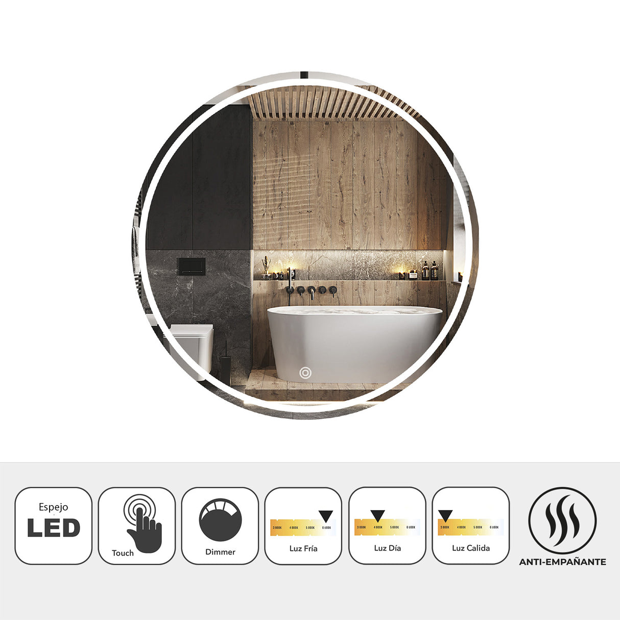 Espejo Led Redondo Moderno 60x60cm Sin Marco - Espejos Decorativos | Bylmo
