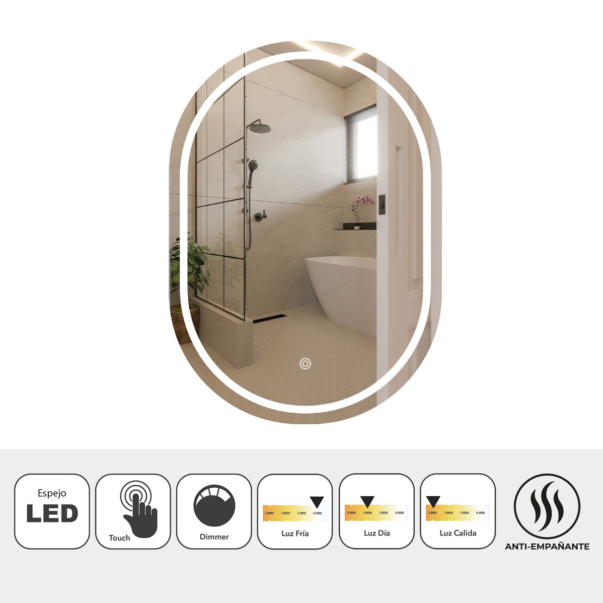 Espejo Led Ovalado Moderno 45x75cm Sin Marco - Espejos Decorativos | Bylmo
