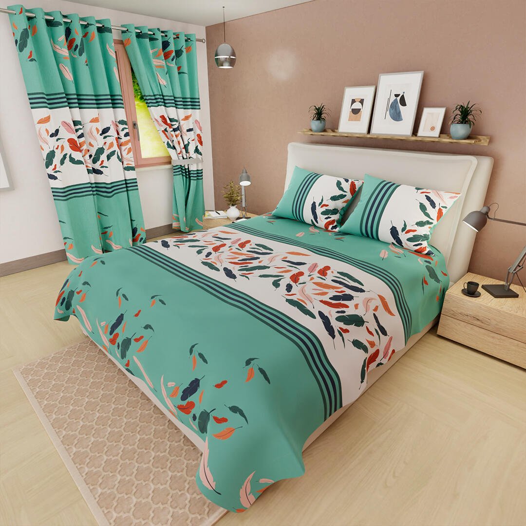 Juego de Sabanas Limila Aguamarina y Blanco para Cama Queen 160 X 190 Cm Hojas - Sabanas | Bylmo