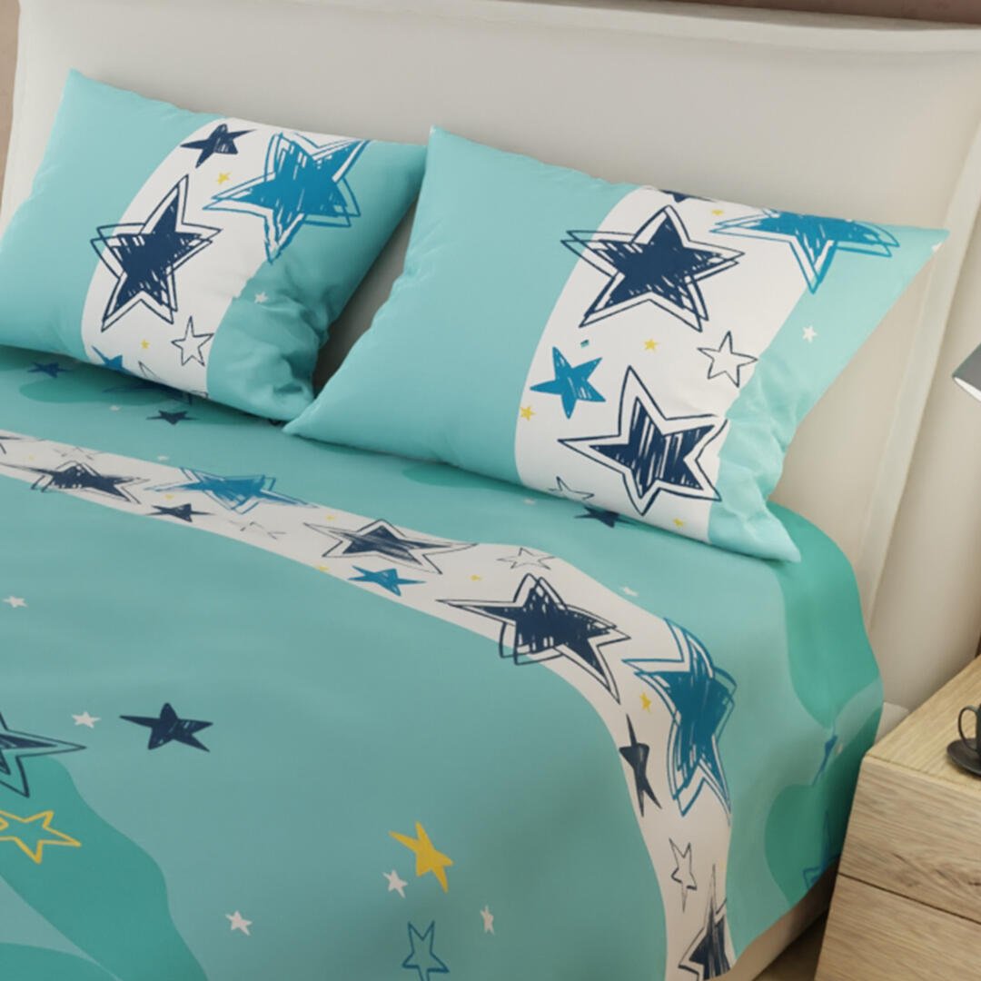 Juego de Sabanas Limila Verde Menta y Blanco para Cama Queen 160 X 190 Cm Estrellas - Sabanas | Bylmo