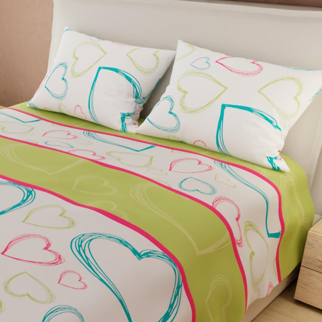 Juego de Sabanas Limila Verde Claro y Blanco para Cama King 200 X 200 Cm Corazones - Sabanas | Bylmo