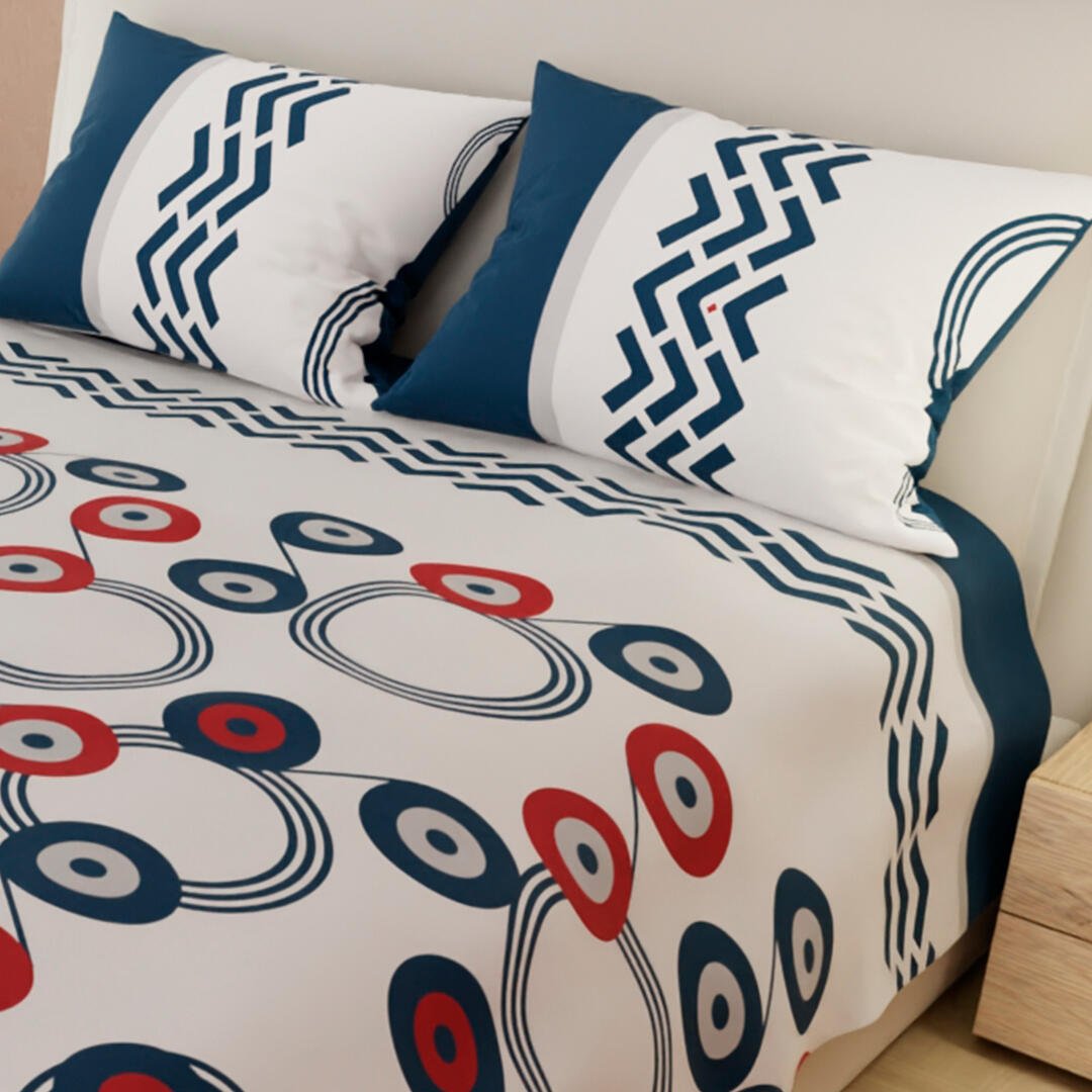 Juego de Sabanas Limila Blanco y Azul para Cama King 200 X 200 Cm Círculos Entrelazados - Sabanas | Bylmo