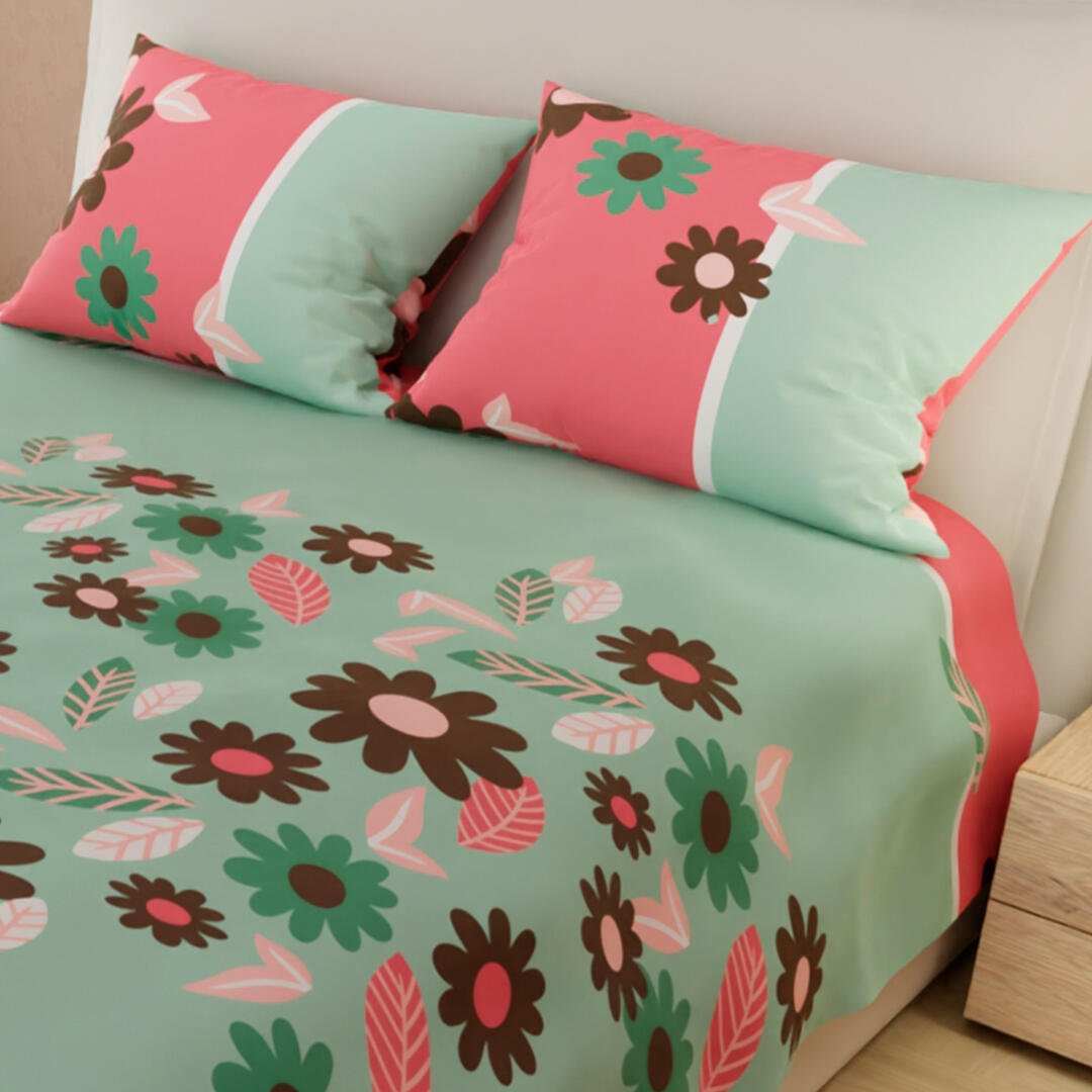 Juego de Sabanas Limila Verde y Rosado para Cama King 200 X 200 Cm Flores - Sabanas | Bylmo