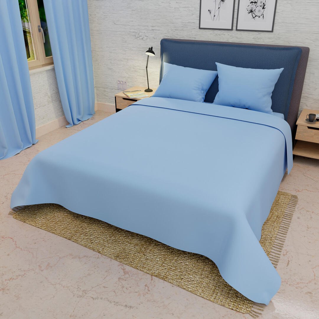 Combo Juego de Sabanas y Cortina Lecanio Azul Pastel Fondo Entero Para Cama Doble 140 X 190 Cm - Sabanas | Bylmo