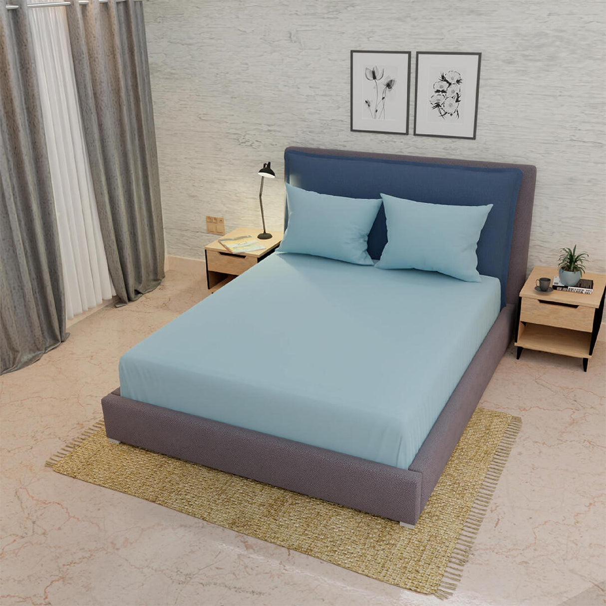 Sábana Ajustable My House Azul Celeste Fondo Entero Para Cama Doble 140 X 190 Cm - Sabanas | Bylmo