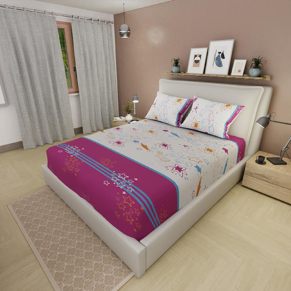 Sábana Ajustable Serebel Blanco y Fucsia de Estrellas Para Cama Doble 140 X 190 Cm - Sabanas | Bylmo