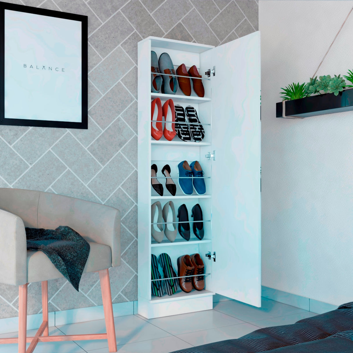 Zapatero de Pared Leto XL Blanco 47x170cm de 5 Niveles con Espejo - Zapateros | Bylmo