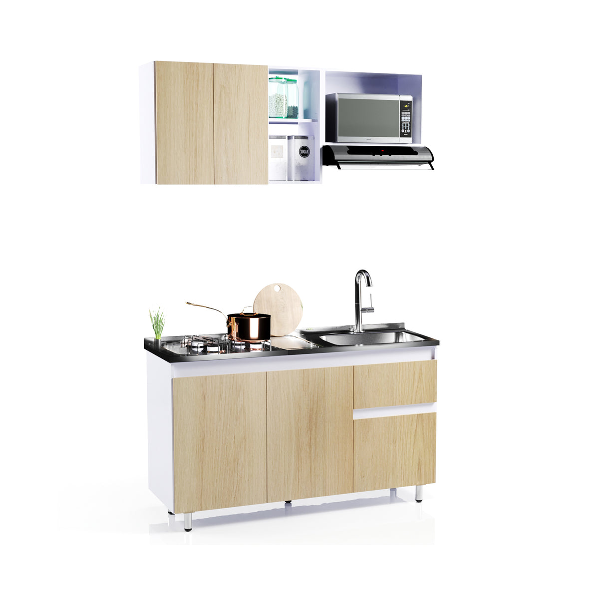Cocina Integral Rovere y Blanco 150x87.5cm Con Mesón Con Pozuelo Derecha - Cocinas | Bylmo