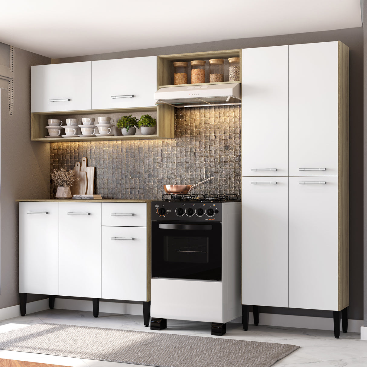 Cocina Integral Roble y Blanco 105x89cm Con Mesón Sin Pozuelo Sin Perforacion - Cocinas | Bylmo
