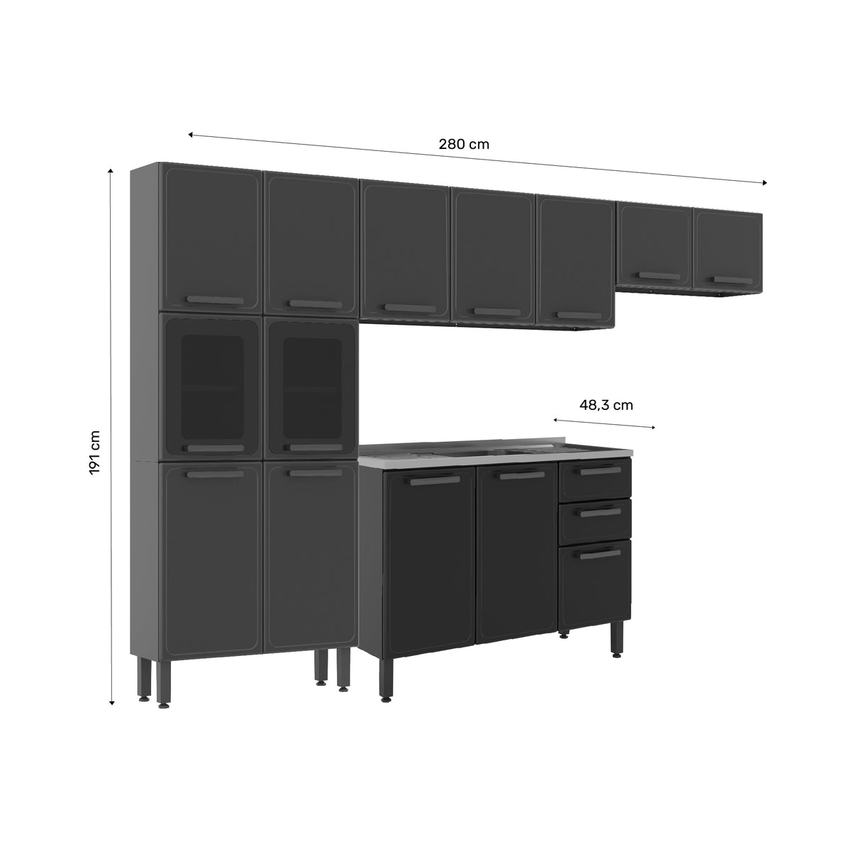 Cocina Integral Gris 120x89cm Con Mesón Con Pozuelo Centro y Vidrio Ahumado - Cocinas | Bylmo