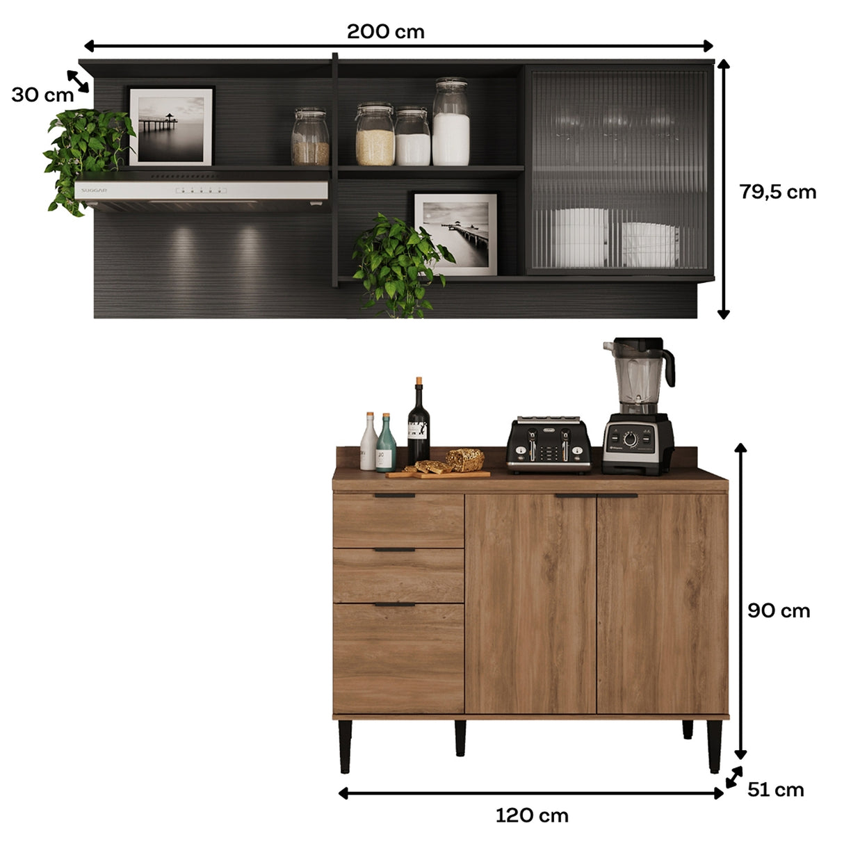 Cocina Integral Freijo y Grafito 200x79.5cm Con Mesón Sin Pozuelo y con Cuatro Puertas - Cocinas | Bylmo