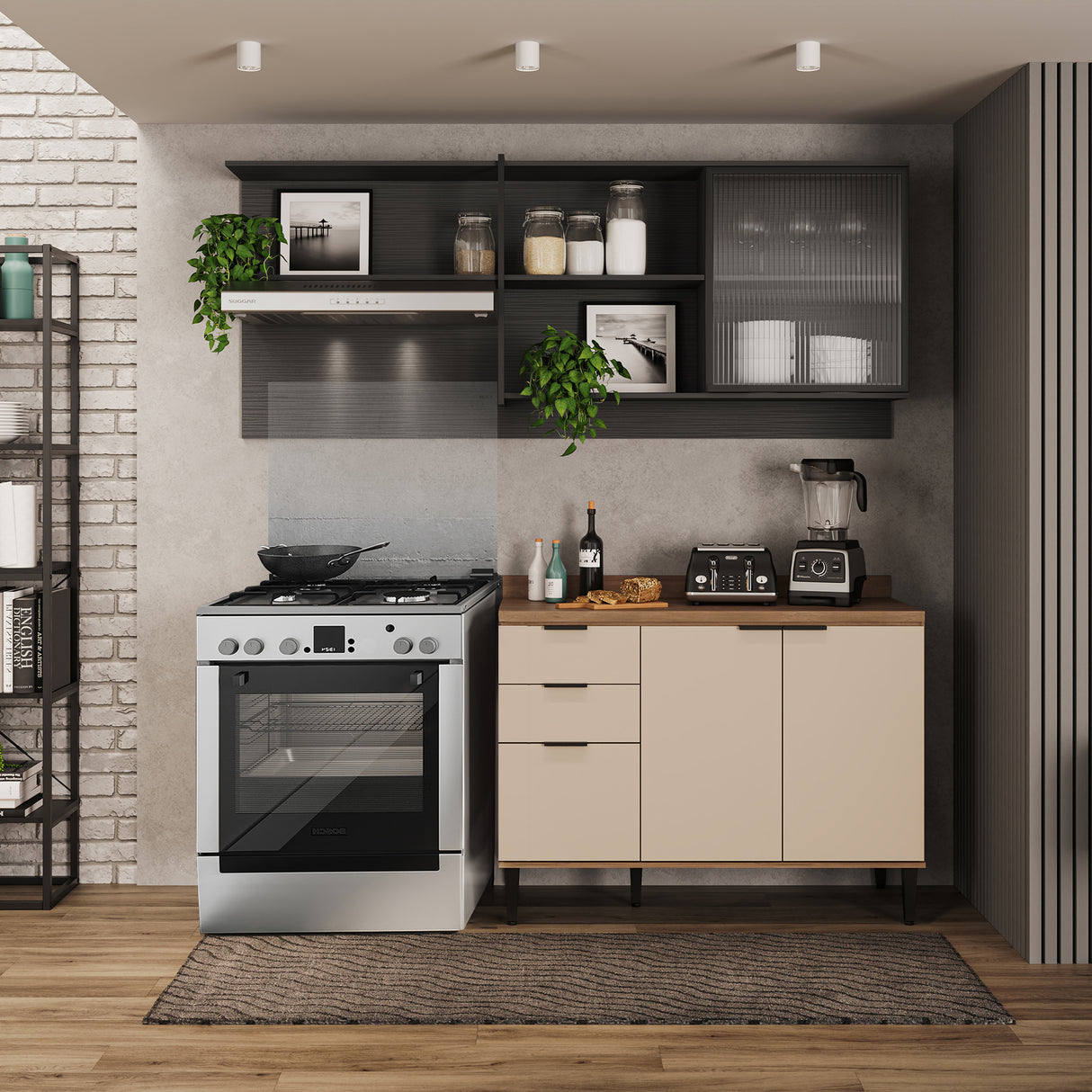 Cocina Integral Beige y Grafito 200x79.5cm Con Mesón Sin Pozuelo y con Cuatro Puertas - Cocinas | Bylmo