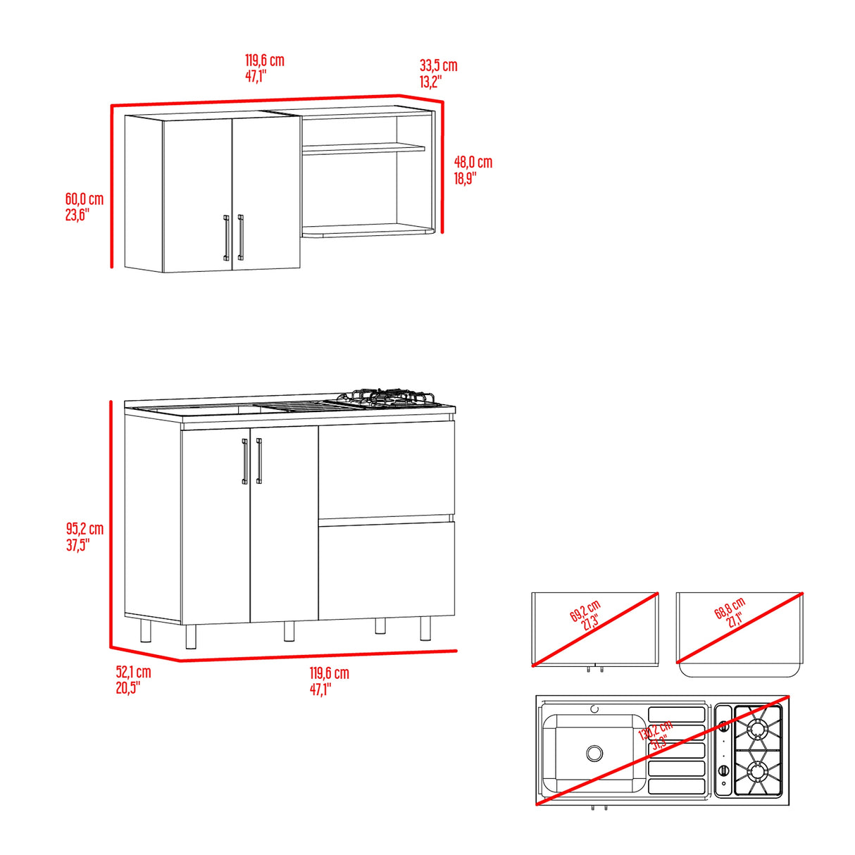 Cocina Cornell Fresno Europeo Blanco 119.7x90cm con Mesón y Pozuelo Izquierdo - Cocinas | Bylmo