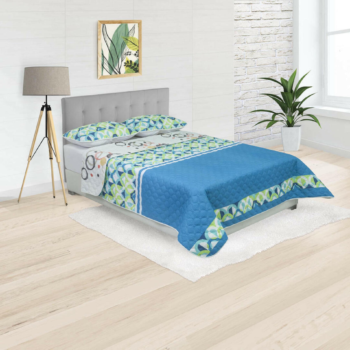 Cubrelecho Doble Faz Convex Verde Limón y Azul Para Cama King 200 X 200 Cm de Círculos Entrelazados - Tendidos y Cubrelechos | Bylmo