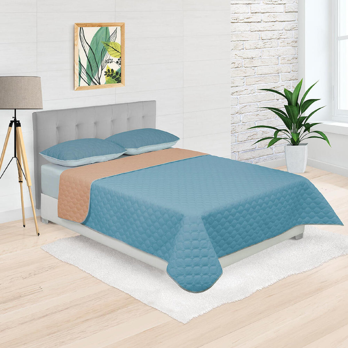 Cubrelecho Doble Faz Convex Azul y Palo de Rosa Para Cama Queen 160 X 190 Cm Fondo Entero - Tendidos y Cubrelechos | Bylmo