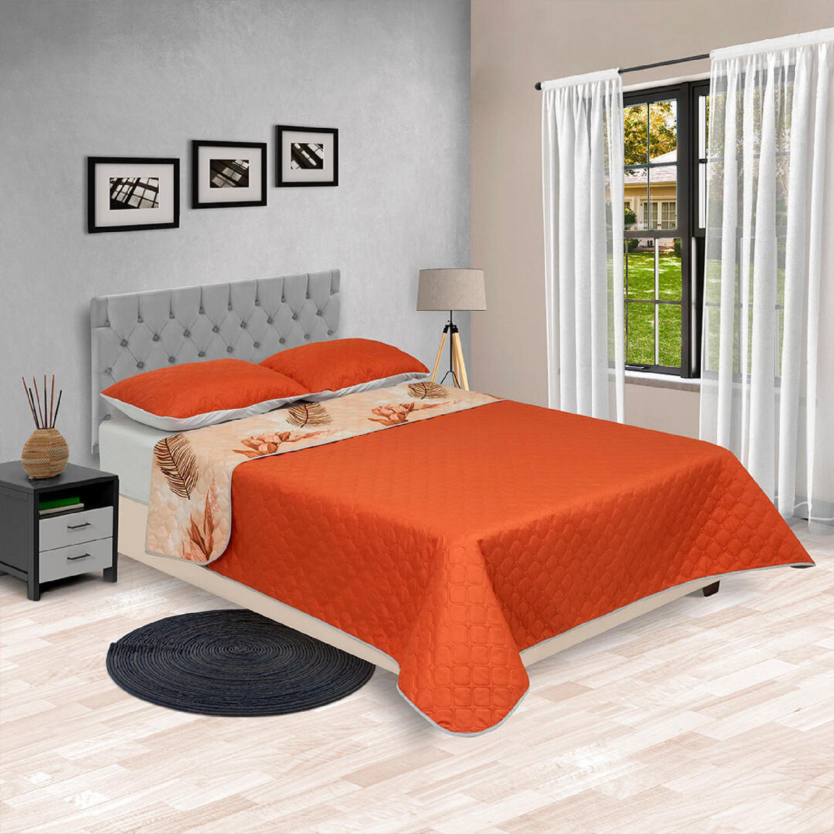 Cubrelecho Doble Faz Barcelona Naranja Para Cama Doble 140 X 190 Cm de Hojas - Tendidos y Cubrelechos | Bylmo