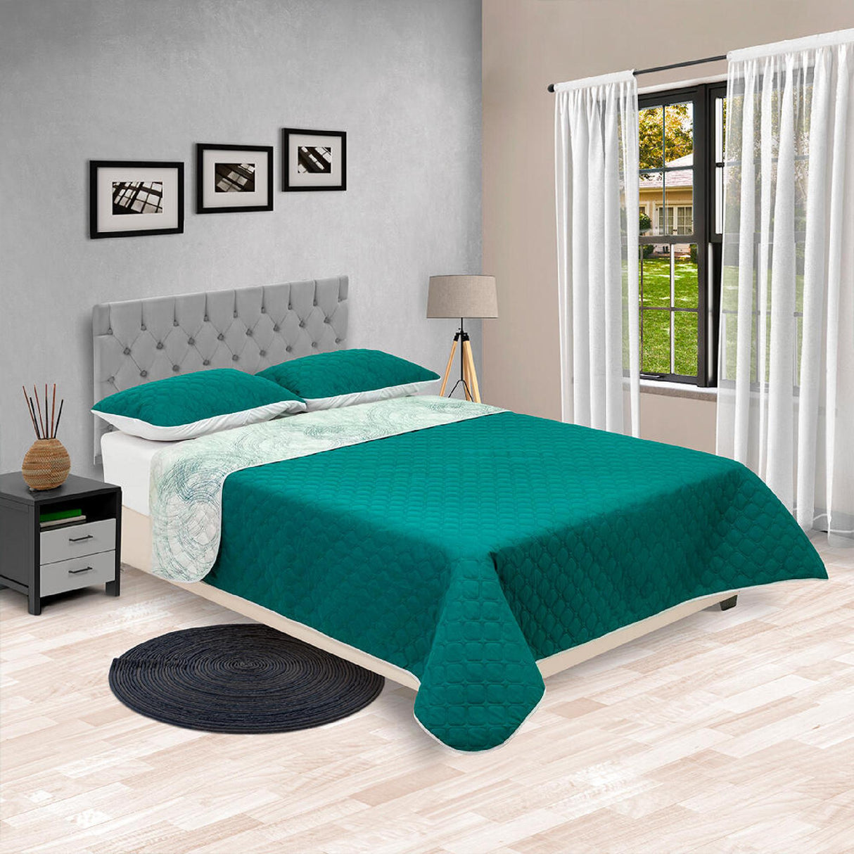 Cubrelecho Doble Faz Barcelona Verde Para Cama King 200 X 200 Cm de Círculos - Tendidos y Cubrelechos | Bylmo