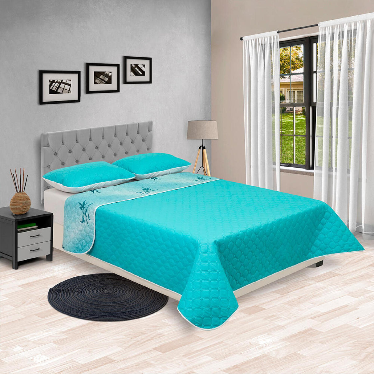 Cubrelecho Doble Faz Barcelona Azul Aguamarina Para Cama King 200 X 200 Cm de Ramas - Tendidos y Cubrelechos | Bylmo