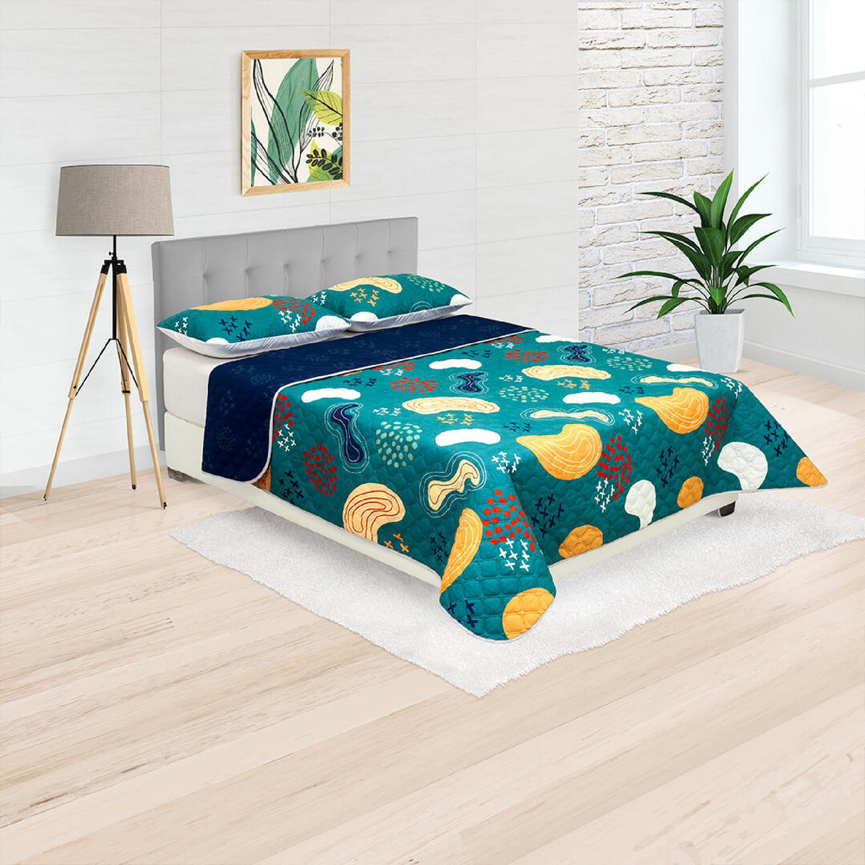 Cubrelecho Doble Faz Style Verde Militar y Blanco Para Cama Doble 140 X 190 Cm de Células - Tendidos y Cubrelechos | Bylmo