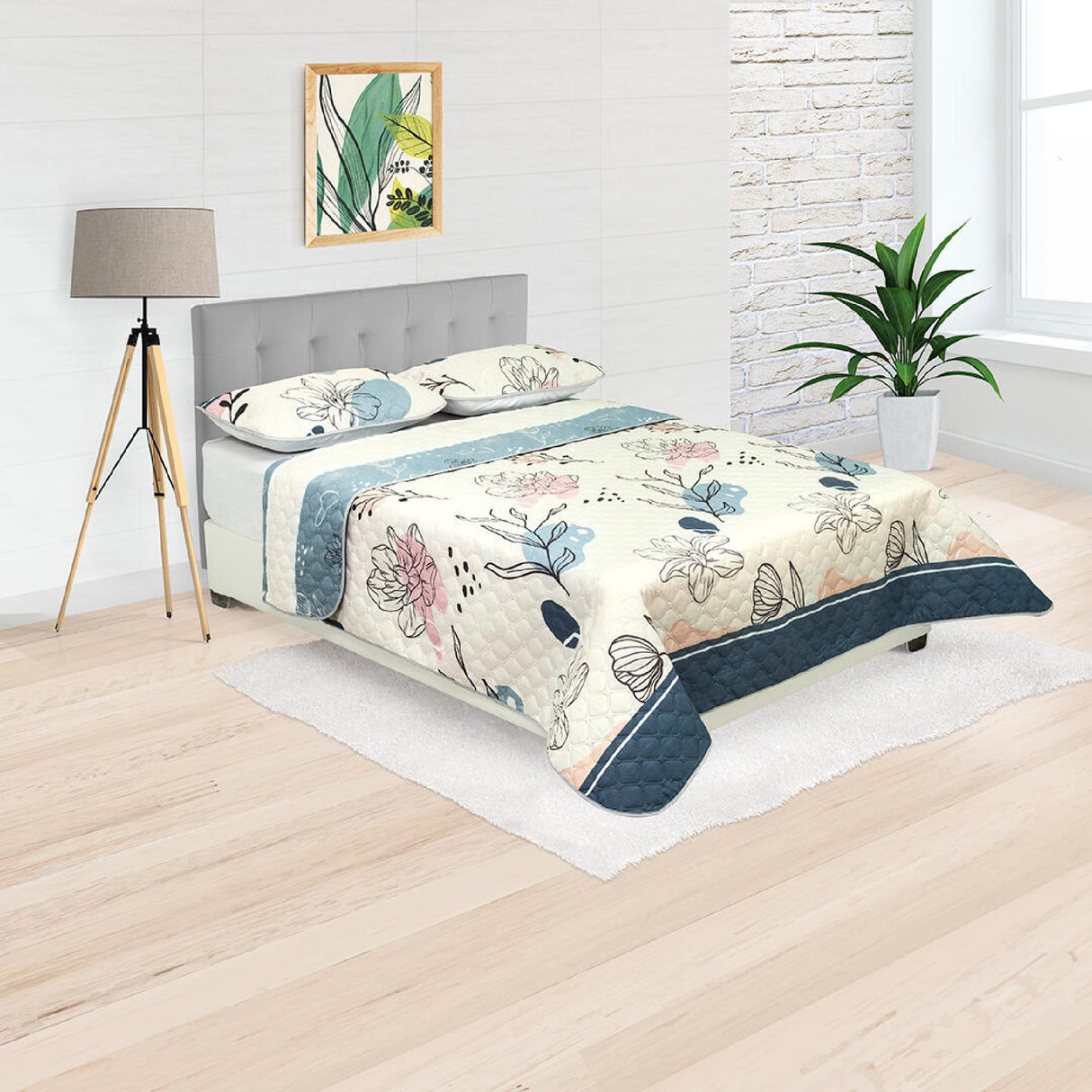 Cubrelecho Doble Faz Style Azul Celeste Para Cama Doble 140 X 190 Cm de Flores - Tendidos y Cubrelechos | Bylmo