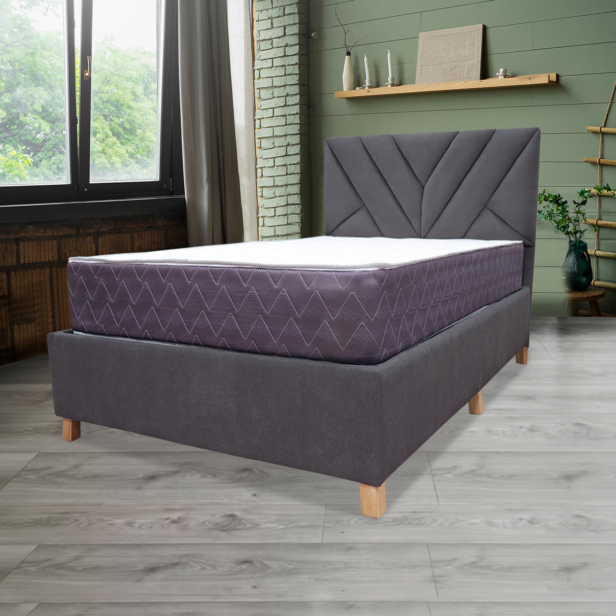 Combo Base Cama y Colchón Coleccion 1 Gris Oscuro y Cenizo Blanco Semidoble 120 X 190 Cm Con Cabecero - Camas | Bylmo