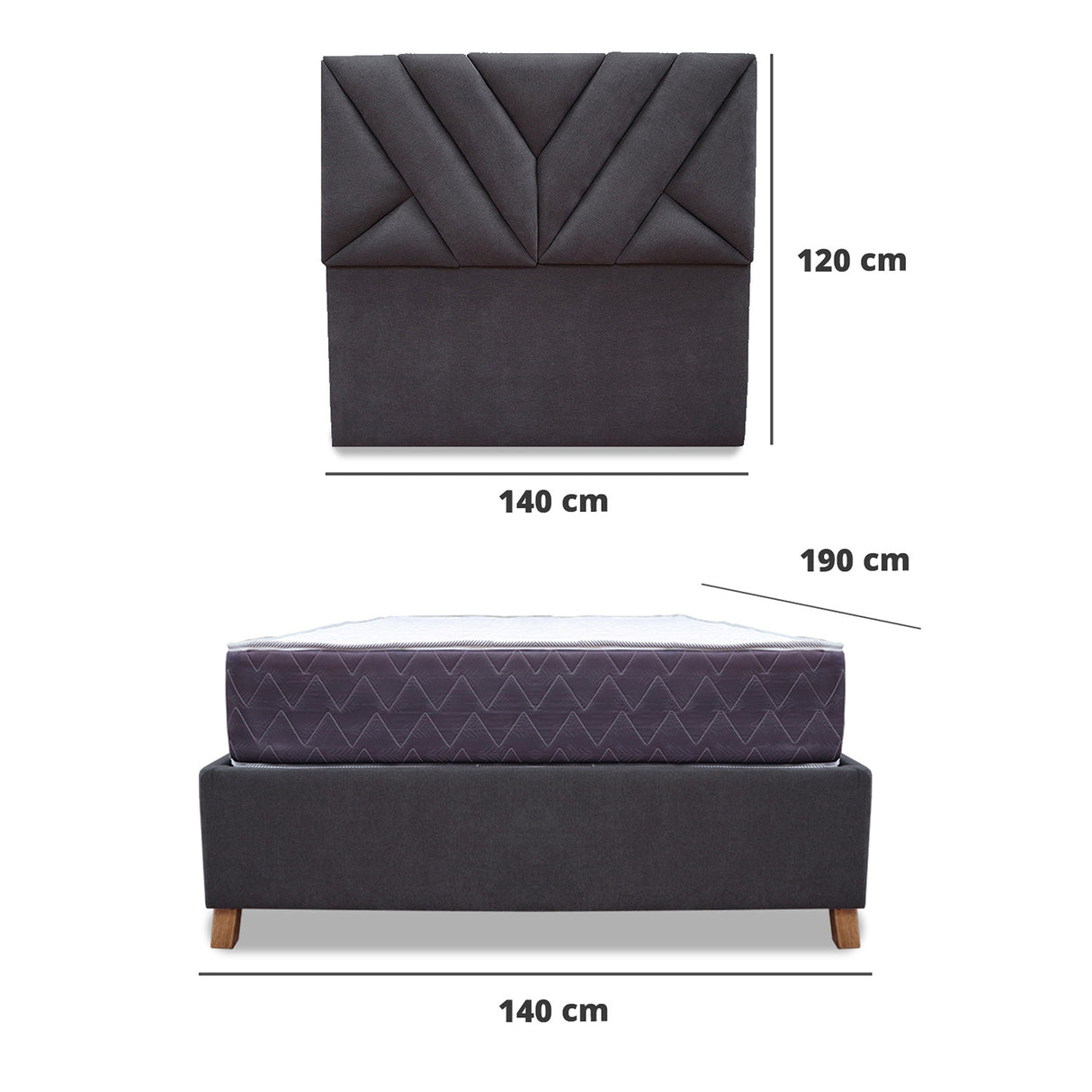 Combo Base Cama y Colchón Coleccion 1 Gris Oscuro y Cenizo Blanco Doble 140 X 190 Cm Con Cabecero - Camas | Bylmo
