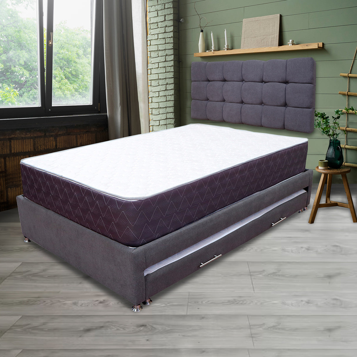 Combo Cama Tarima y Colchon Coleccion 1 Gris Oscuro y Cenizo Blanco Sencillo 100 X 190 Cm Con Cabecero - Camas | Bylmo
