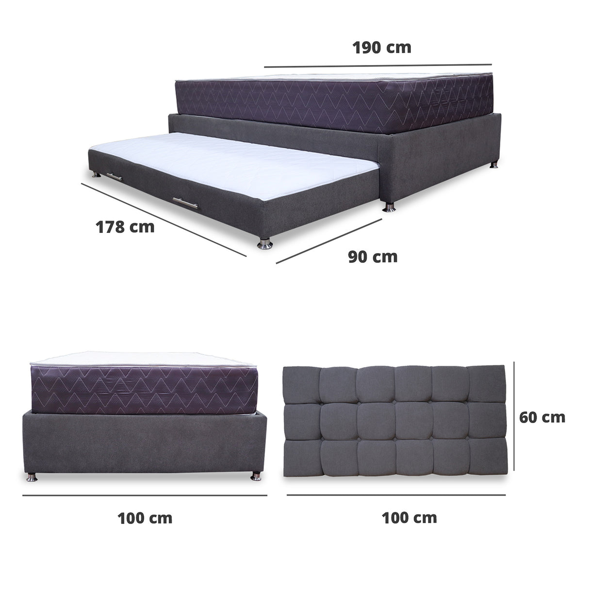 Combo Cama Tarima y Colchon Coleccion 1 Gris Oscuro y Cenizo Blanco Sencillo 100 X 190 Cm Con Cabecero - Camas | Bylmo