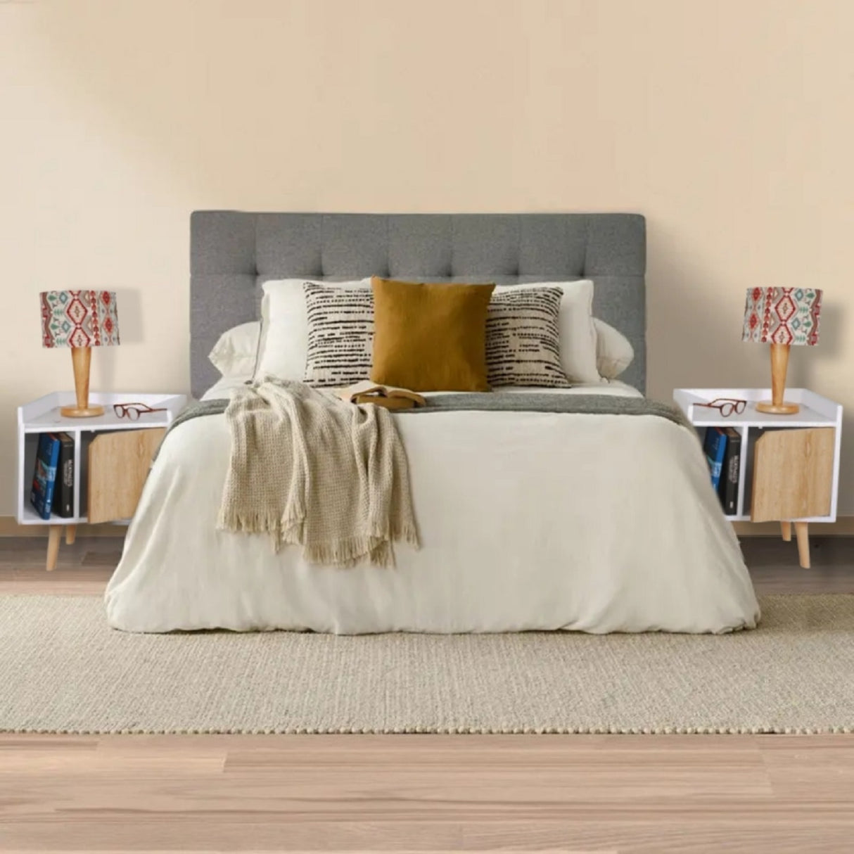 Mesa de Noche x 2 Dreams Blanco y Vienes 45x50cm Con Patas - Mesas de Noche | Bylmo
