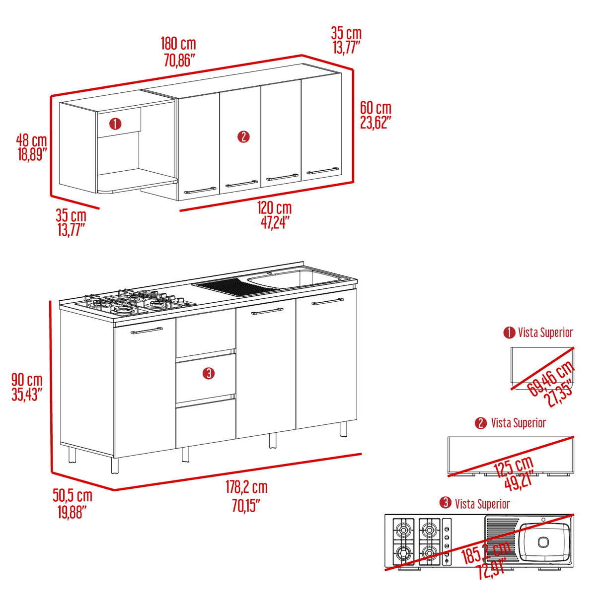 Cocina Erie Bardolino y Blanco 180x60cm Con Mesón Pozuelo Derecho y Con Estufa - Cocinas | Bylmo