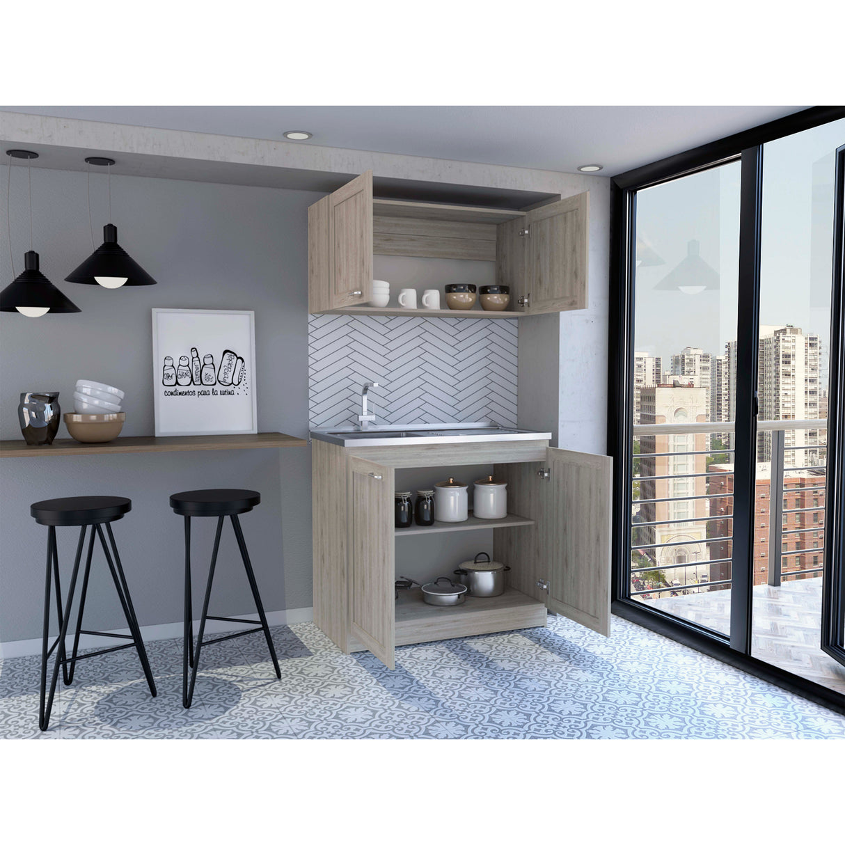 Cocina Zurich Ceniza 100x40cm Con Mesón Pozuelo Izquierdo y Sin Estufa - Cocinas | Bylmo