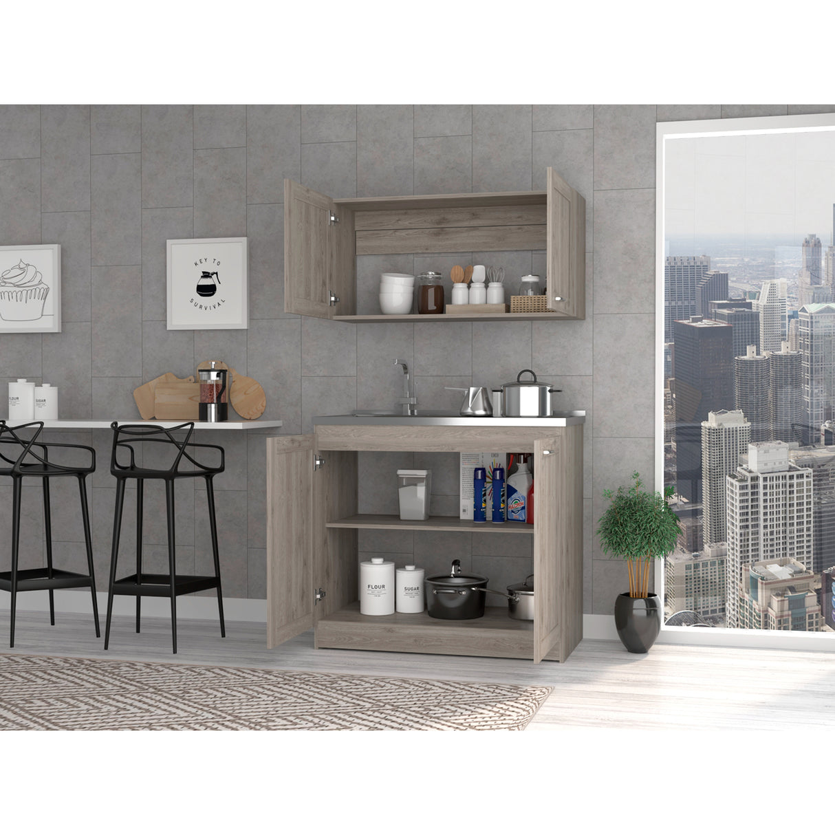 Cocina Zurich Ceniza 100x40cm Con Mesón Pozuelo Izquierdo y Sin Estufa - Cocinas | Bylmo