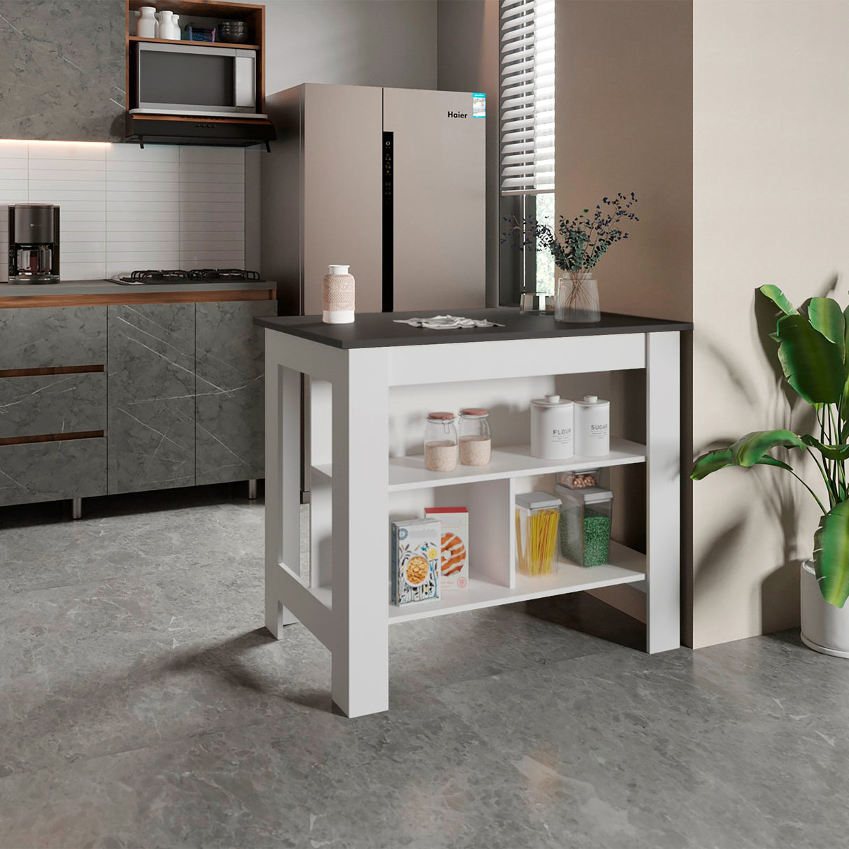 Isla de Cocina Cala Plomo y Blanco 103x90cm Con Tres Entrepaños y Patas - Barras y Muebles Auxiliares | Bylmo