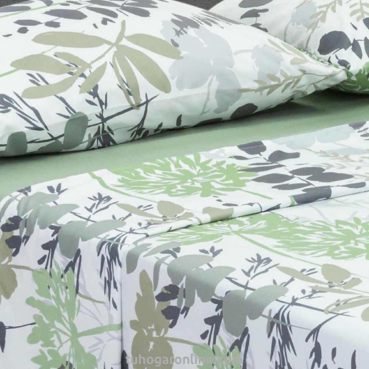 Juego de Sábanas Marsella Floral Gris y Verde 4 Piezas - SABANAS | Bylmo